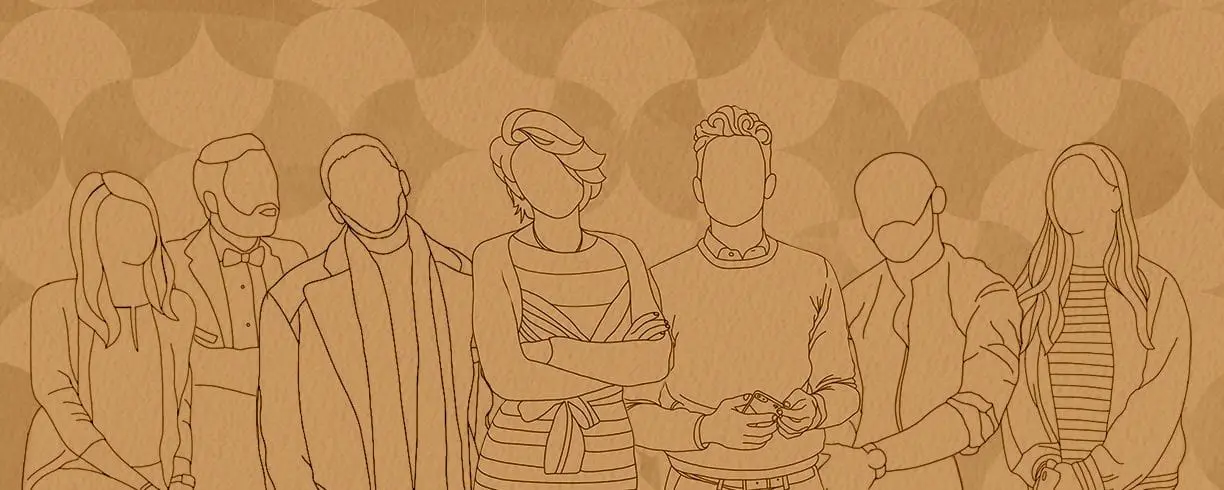 Line-drawn illustration of seven people standing together against a patterned background