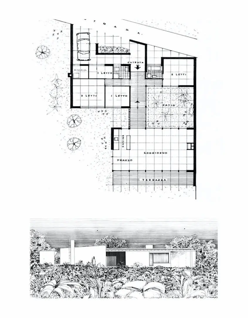 Floor plan and elevation drawing of a single-storey villa with a garden