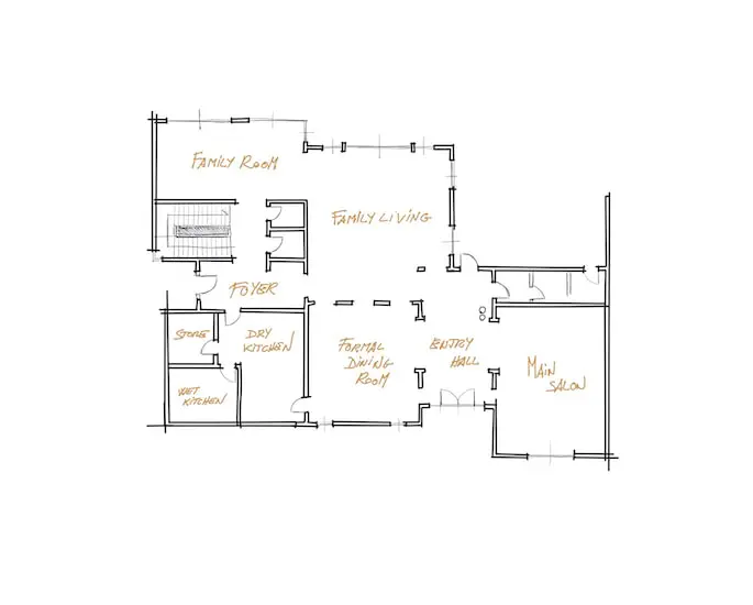 Floor plan sketch of a house with room labels