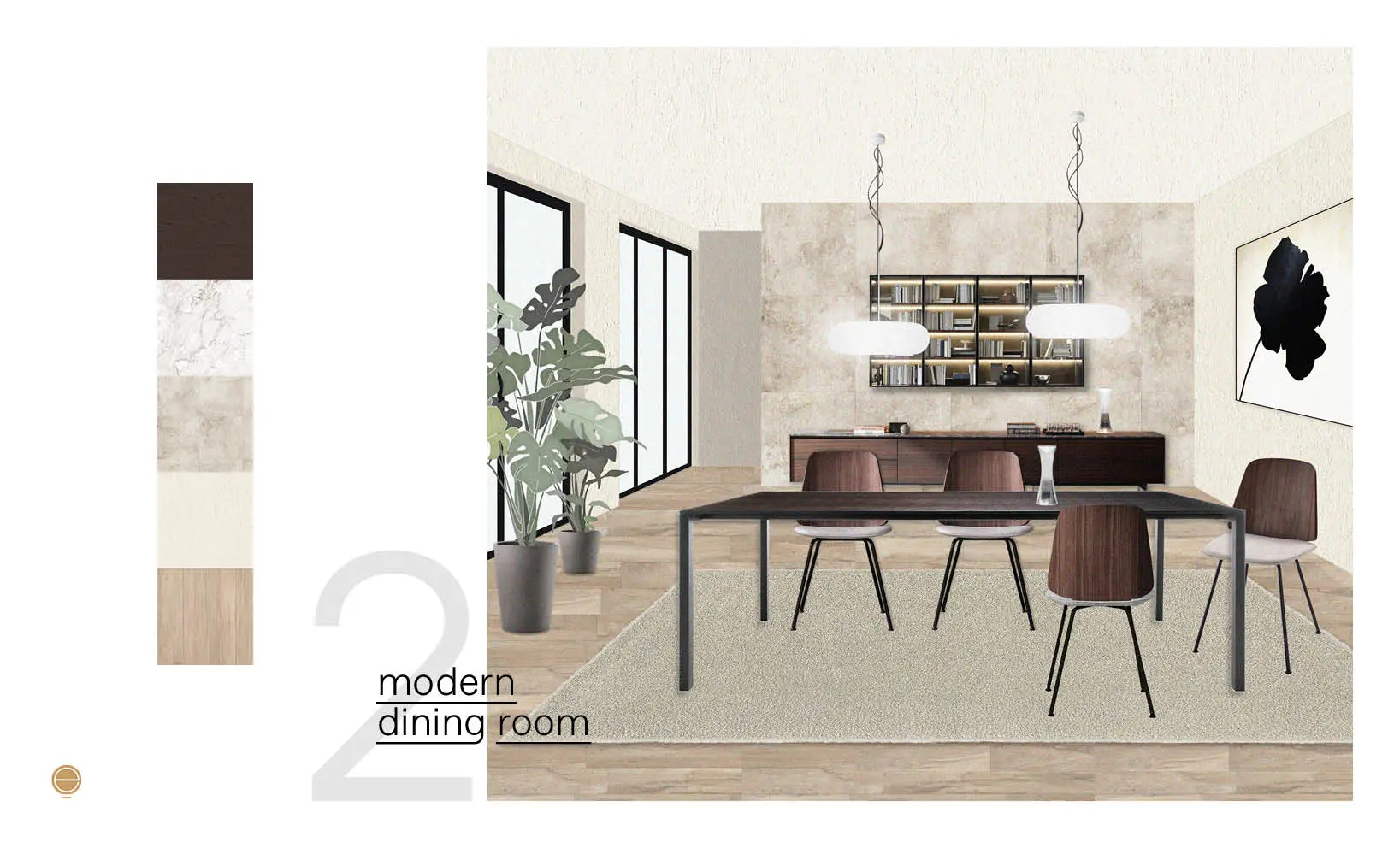 Moodboard for a modern dining room with a dark table, walnut chairs and a wall-mounted bookshelf