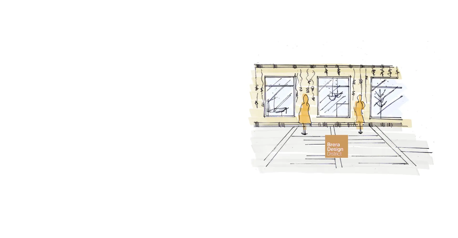 Hand-drawn sketch of three shop window mannequin displays