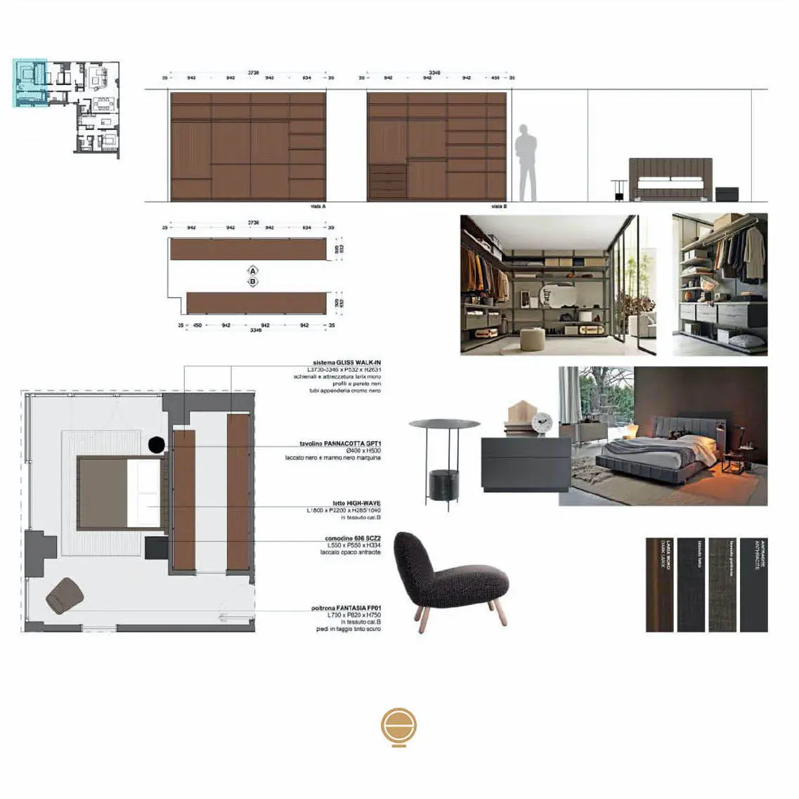 Bedroom project board with wardrobe elevations, floor plan and furniture images