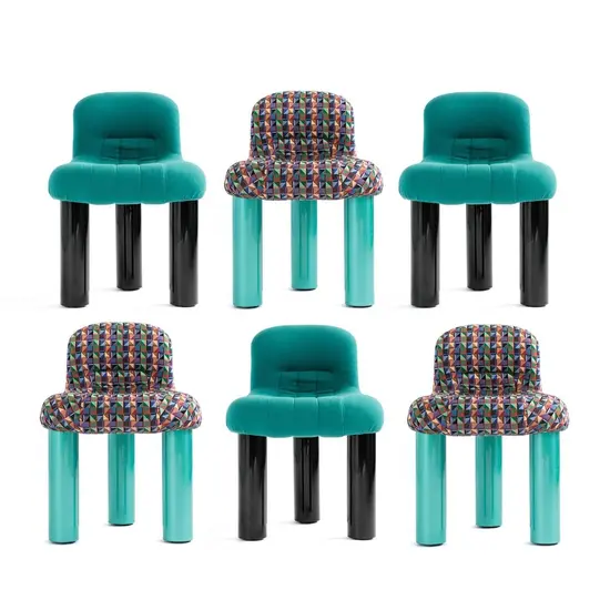 Arflex Botolo armchairs in teal and multicolour tweed fabric, six finish options shown together