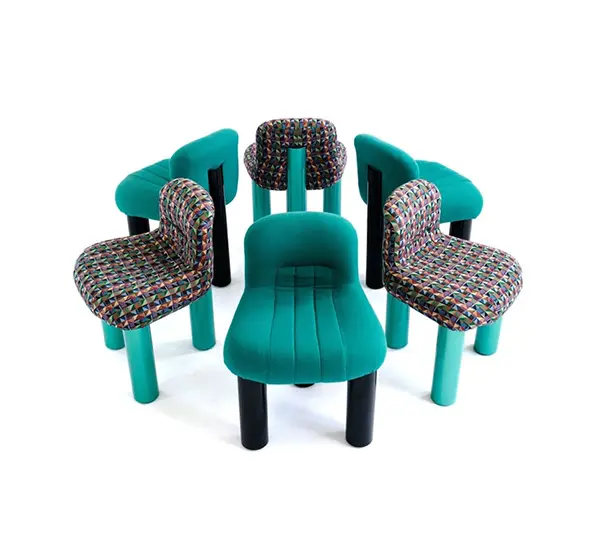 Arflex Botolo armchairs in teal and multicolour tweed upholstery, arranged in a circle