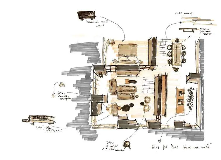Floor plan sketch with furniture layout and handwritten notes
