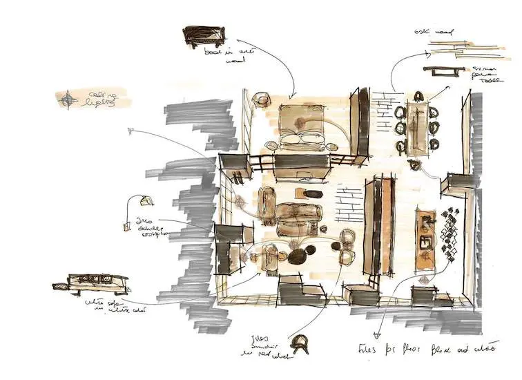 Annotated floor plan sketch with furniture pieces drawn around it
