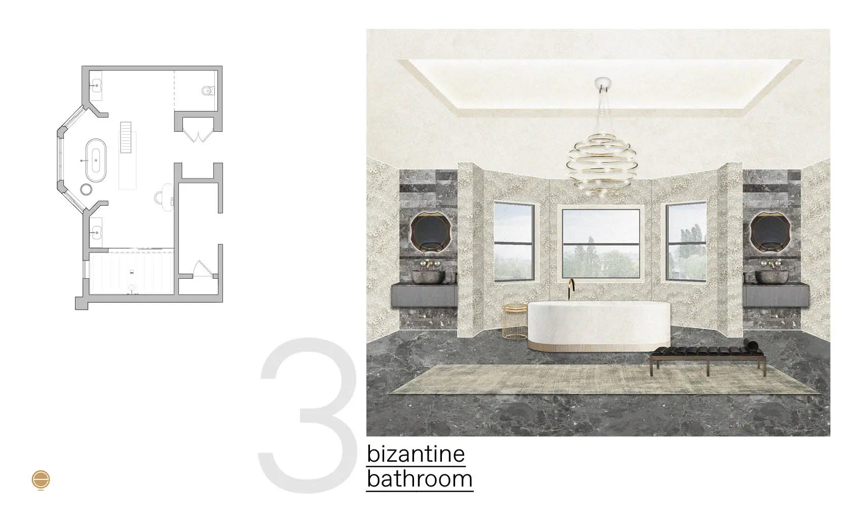 Moodboard for a Byzantine-style bathroom with a round tub, dark marble floor and drum chandelier