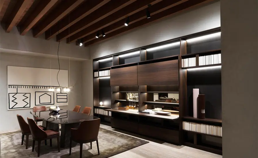 dining room area in Molteni showroom and Italian furniture stores in New York City