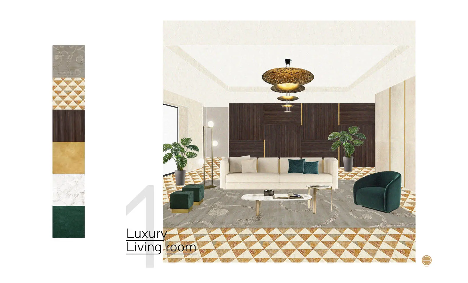 Moodboard for a luxury living room with a patterned terrazzo floor, cream sofa and dark green velvet armchair