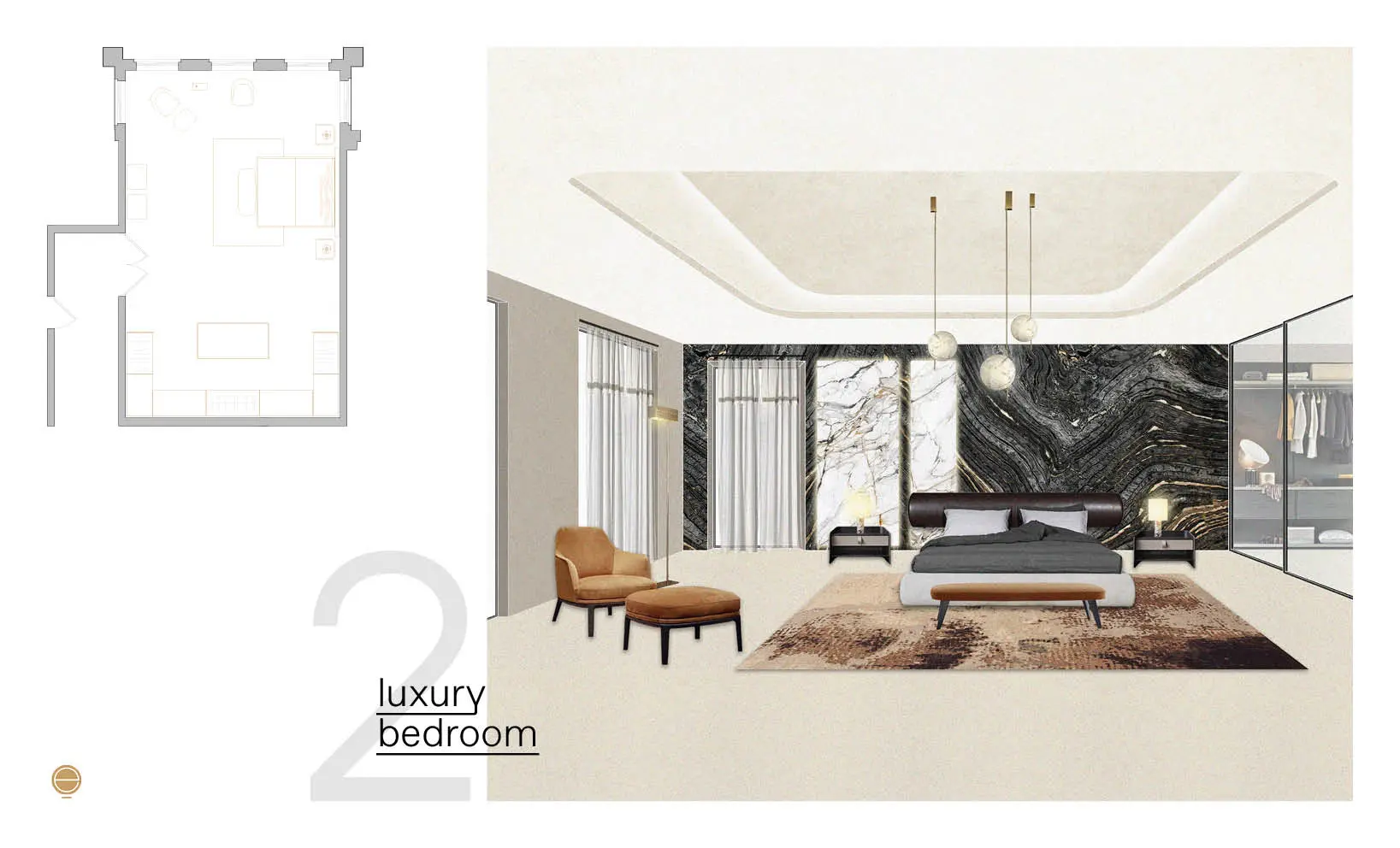 Moodboard for a luxury bedroom with a black and gold marble wall, leather headboard bed and mustard armchair
