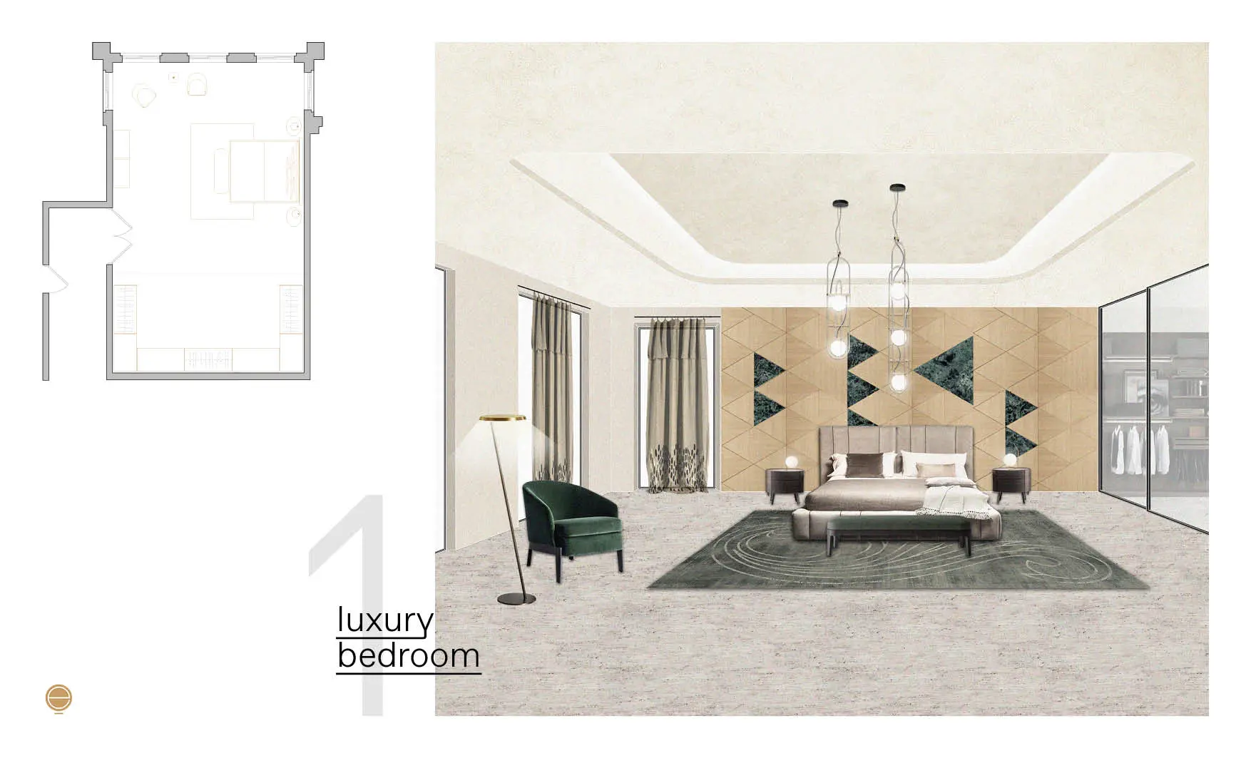 Moodboard for a luxury bedroom with a triangular marble inlay wall, upholstered bed and green velvet armchair