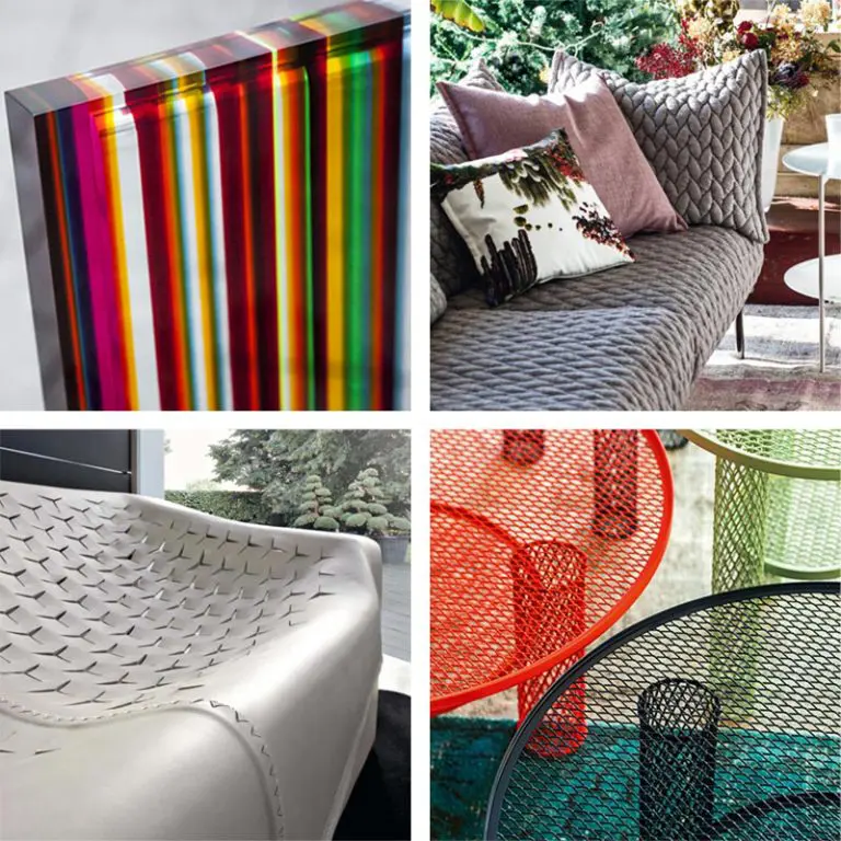 Moodboard of colourful living room details: striped acrylic, quilted sofa, woven leather seat and mesh chairs