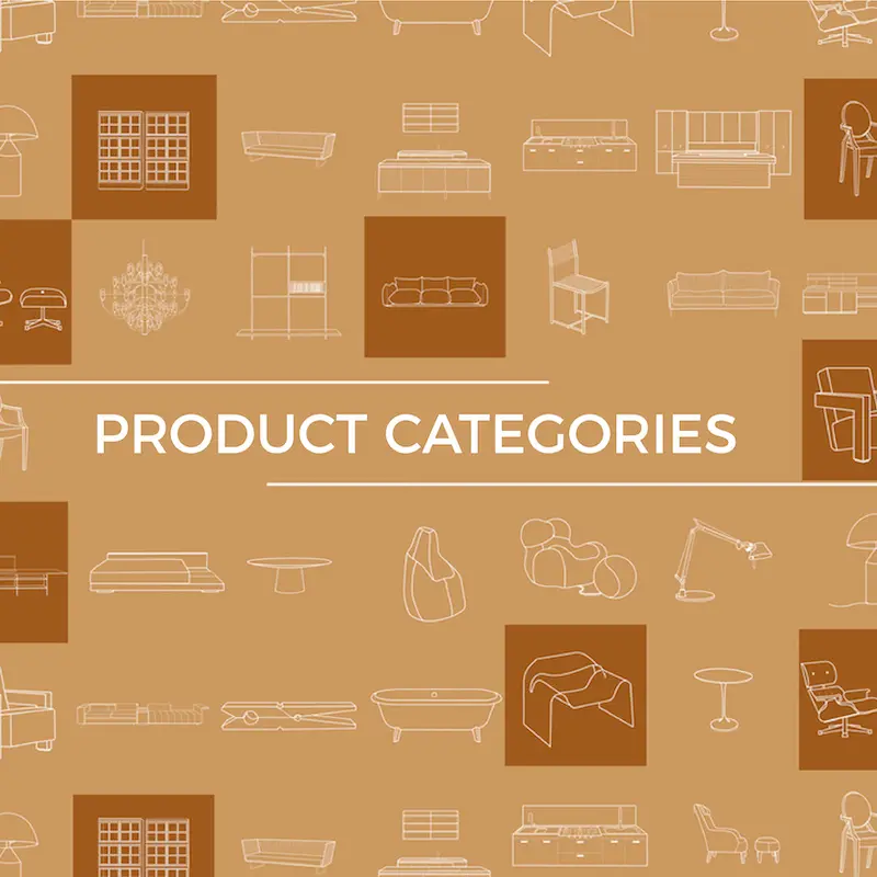 “Product Categories” over line drawings of Italian furniture: sofas, armchairs, beds, lamps and tables