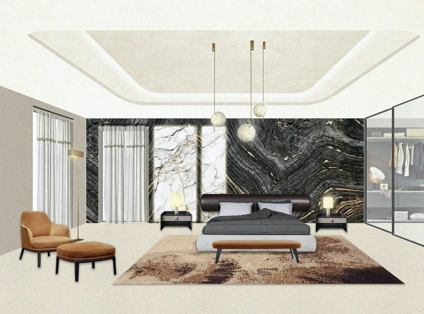 Bedroom with a brown leather bed against a black and gold marble wall, tan armchair and glass-front wardrobe