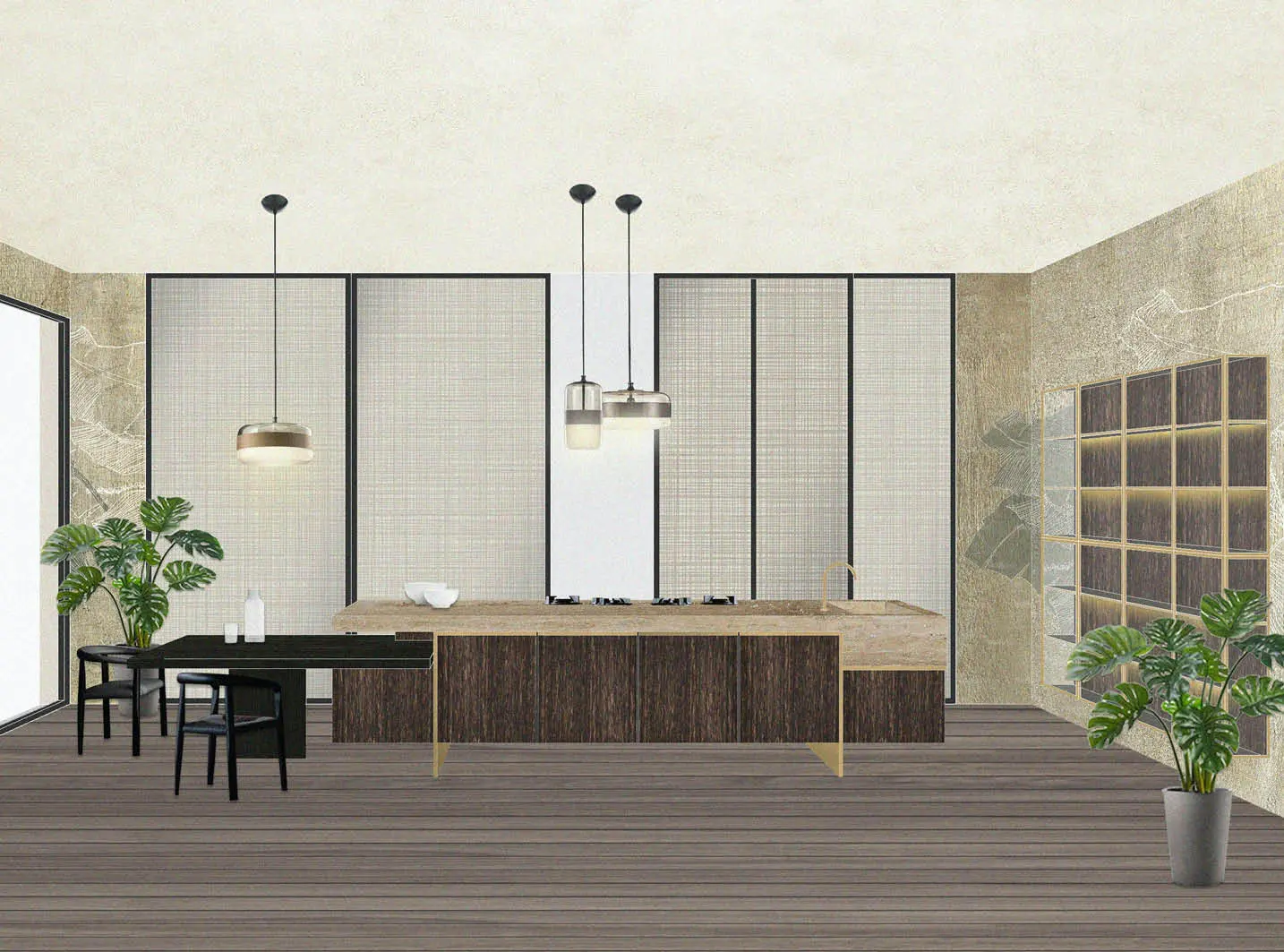 Rendering of a dark wood kitchen island with brass trim, pendant lights and a black dining table