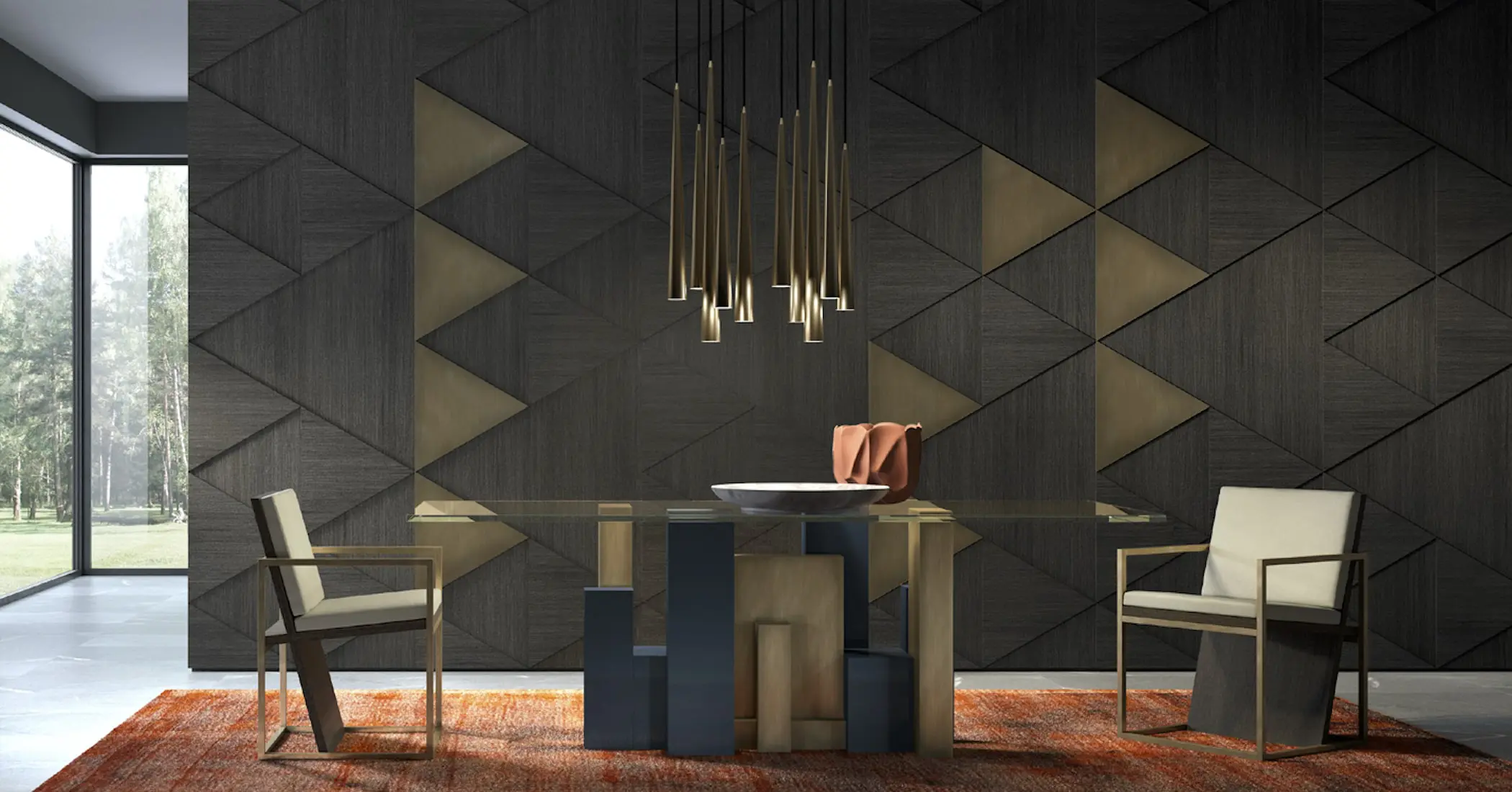 Emmemobili dining table with geometric block base and wood paneled wall in a modern dining room
