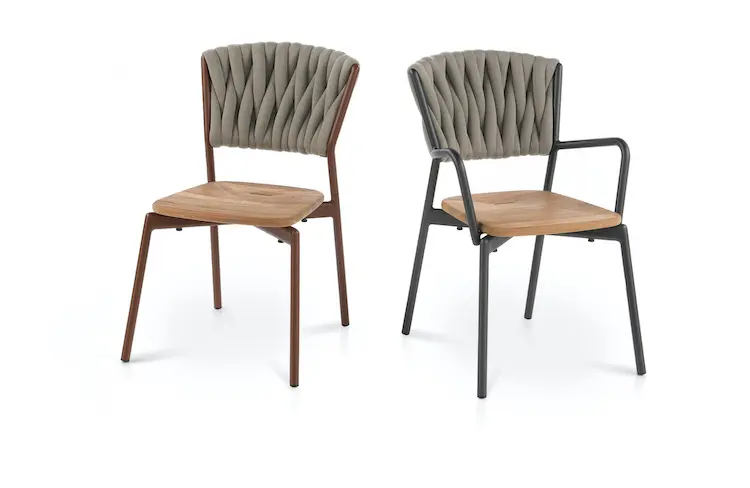 Two outdoor dining chairs with woven grey backrests, one on a wood frame and one on black metal