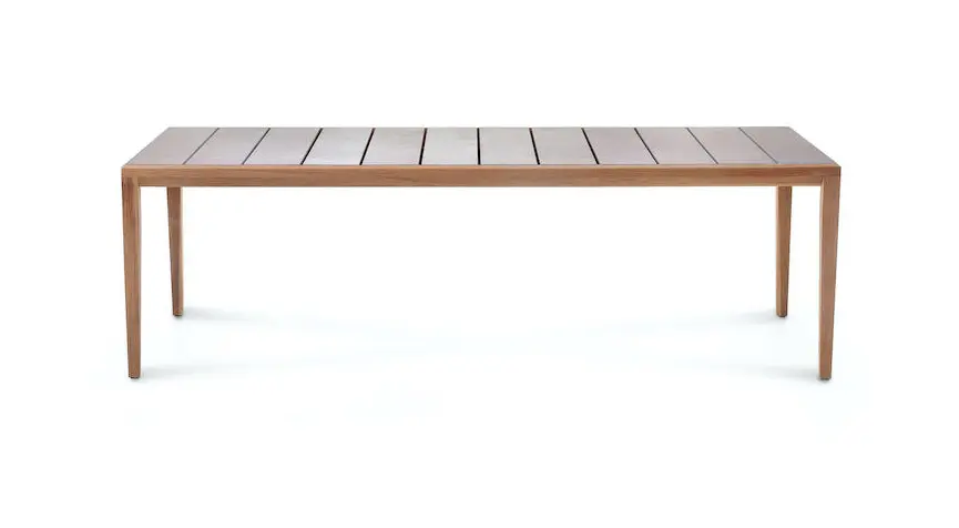 Rectangular teak outdoor dining table on a white background