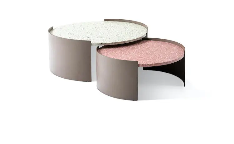 Nesting round outdoor coffee tables with white and pink terrazzo tops