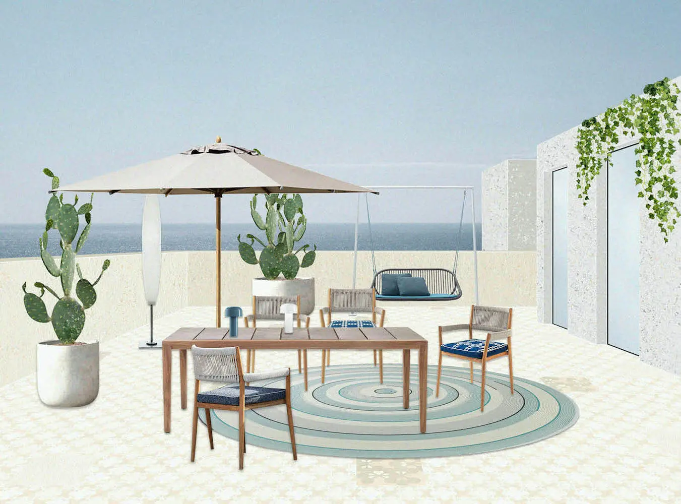 Rendered patio moodboard with a wooden dining table, umbrella, hanging swing seat, potted cacti and a sea view