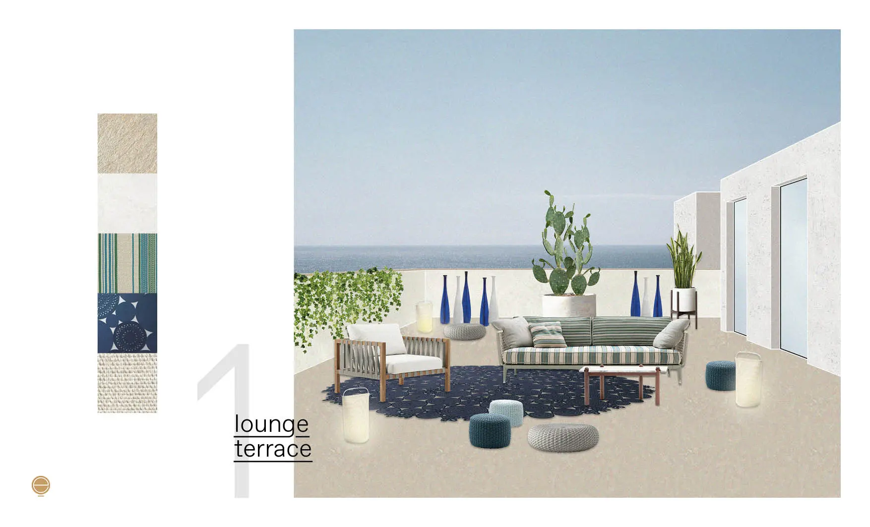 Moodboard for a seaside lounge terrace with a striped sofa, rattan armchair and fabric swatches