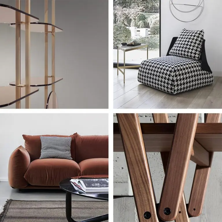 Moodboard of contemporary details: glass and brass shelving, houndstooth armchair, terracotta sofa and walnut legs