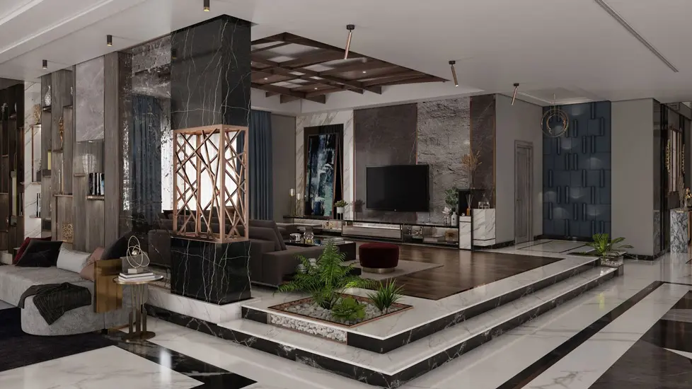Strong palette, luxurious materials and contemporary furnishings for this house designed by B.Vision Interiors, one of the best interior designers in Egypt