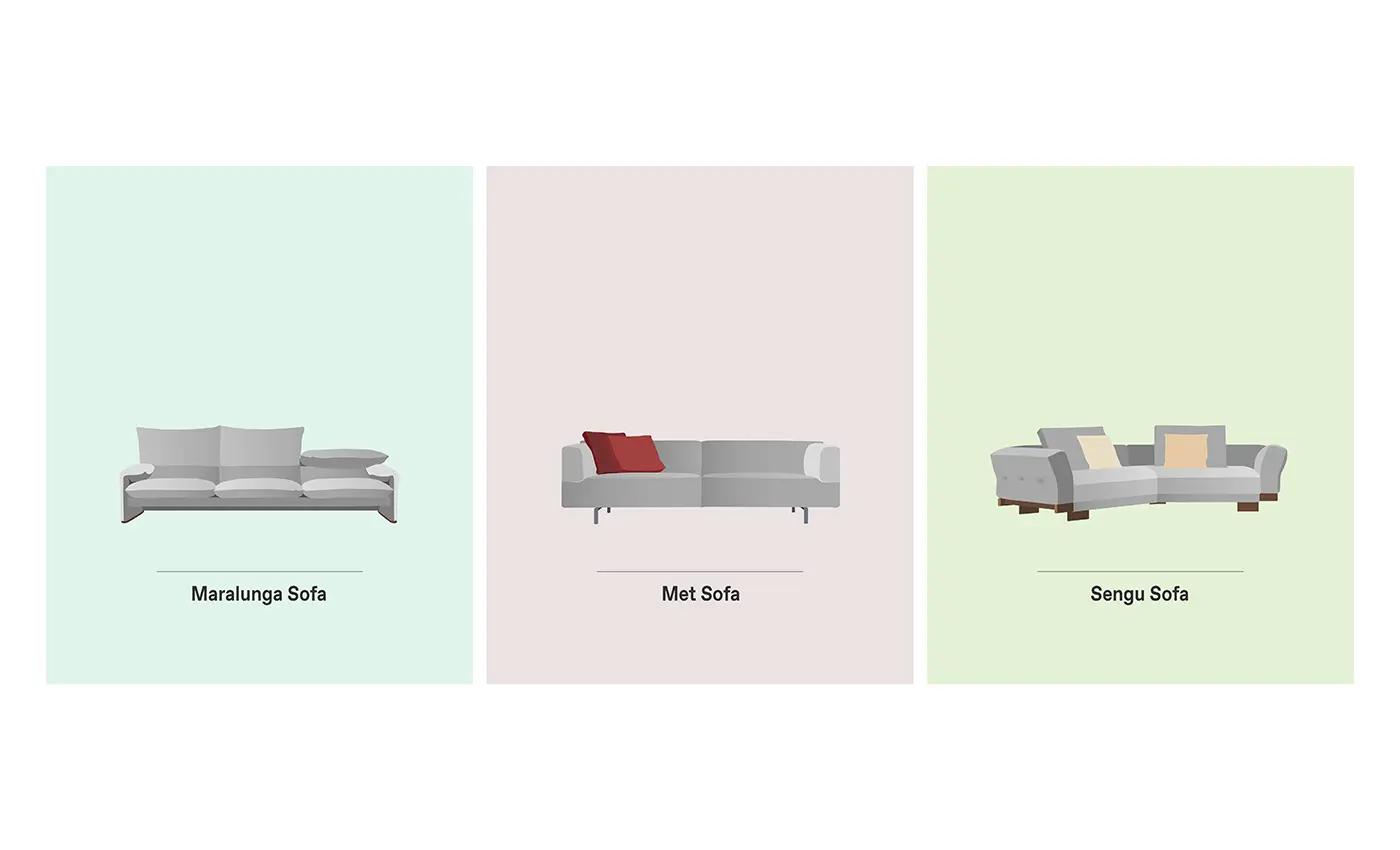 Maralunga Sofa, Met Sofa and Sengu Sofa are our selection of Cassina Sofas for Mix&Match compositions by Esperiri Milano