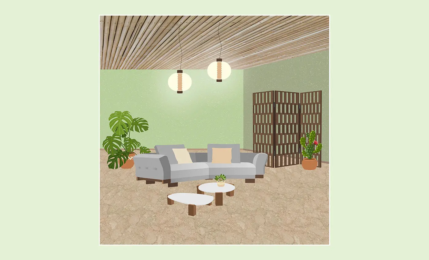 Mix&Match Cassina sofas Composition by Esperiri Milano with Sengu sofa by Patricia Urquiola for Cassina, Gogan coffee table designed by Patricia Urquiola for Moroso, Bolha pendant lamp designed by Kundalini and Hilton screen for Porada