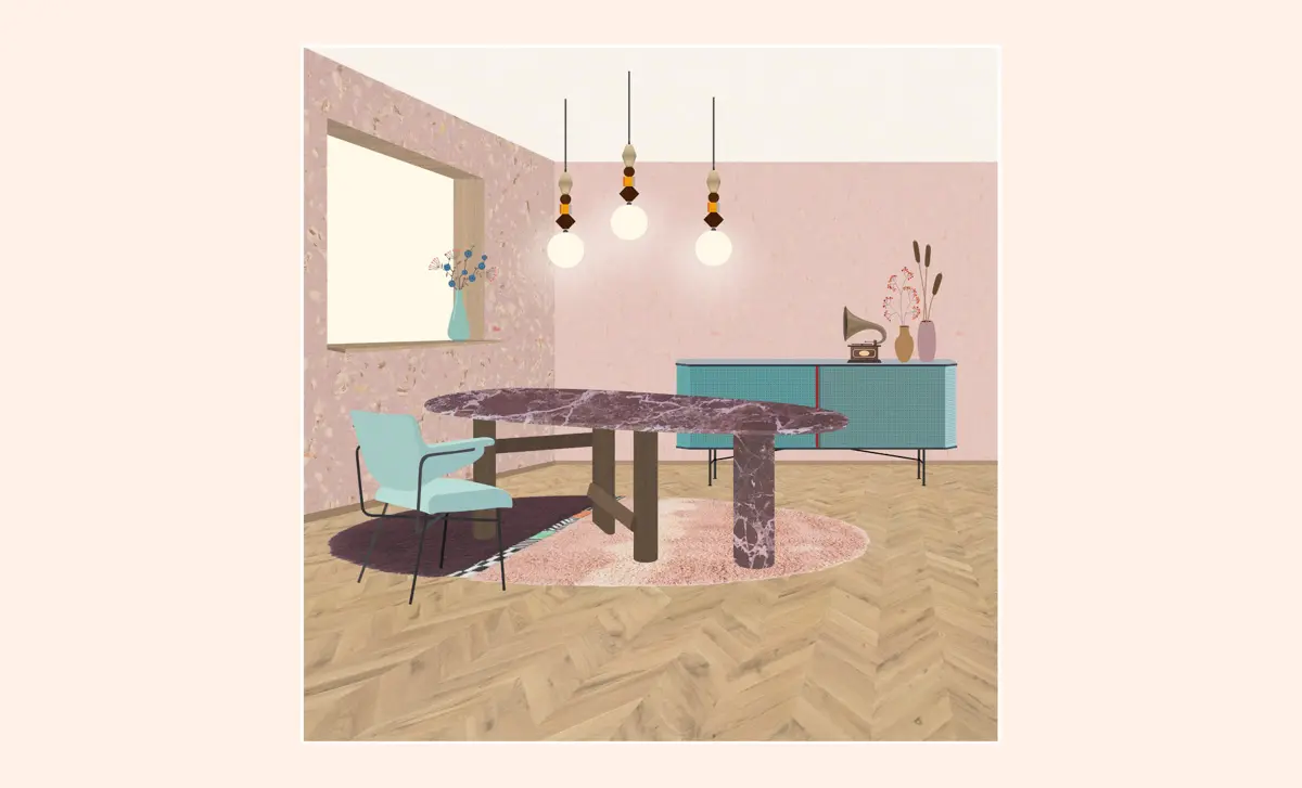 Mix&Match Cassina dining tables and compositions by Esperiri Milano with Sengu dining table designed by Patricia Urquiola, Neptunia chair by Arflex, Perf cabinet by Moroso and Pandora light by Tonin Casa