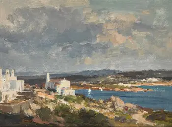 Painting of a Sardinian coastal village with white houses, a bay and sailboats under a cloudy sky