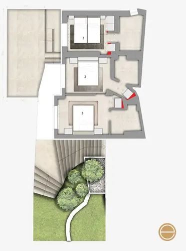 Floor plan of the bedroom wing with adjoining garden path renderings