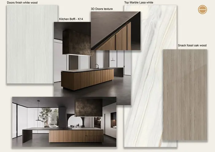 Moodboard of a kitchen cabinetry render, white marble slab and oak wood veneer finishes