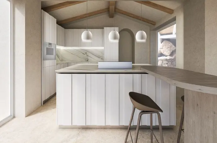 Kitchen render with white cabinetry, wood-beam vaulted ceiling, marble backsplash and pendant lights