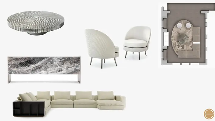 Moodboard of a round wood-inlay table, marble sideboard, cream swivel chairs and sectional sofa