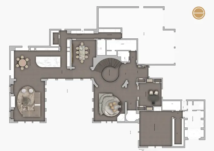 Architectural floor plan rendering of the villa's ground-floor layout