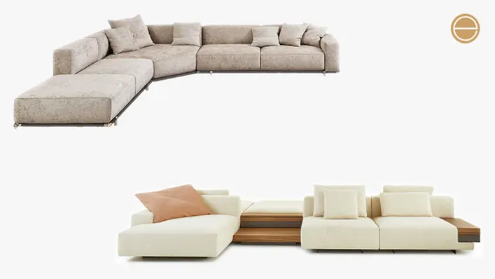 Beige corner sectional sofa and cream modular sofa with a wood-inlay coffee table
