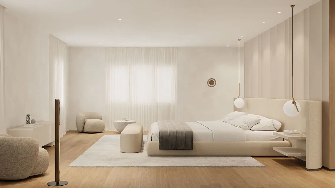 Render view of the modern luxury master bedroom, bed area